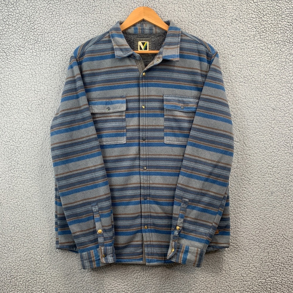 Voyager Sherpa Fleece Shacket Shirt Jacket Mens Large Blue Striped Snap Up Lined